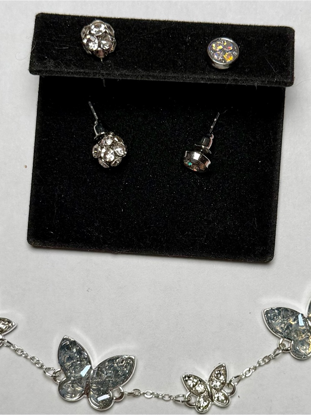 Butterfly Rhinestone Bracelet + Stud Earrings Set Silver Sparkly Jewelry